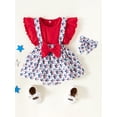 thumbnail image 2 of Seyurigaoka Newborn Girl 4th of July Independence Day Cute Romper Outfits, Fly Sleeve Stripe Star Print Round Neck Bodysuit + Headband, 2 of 9