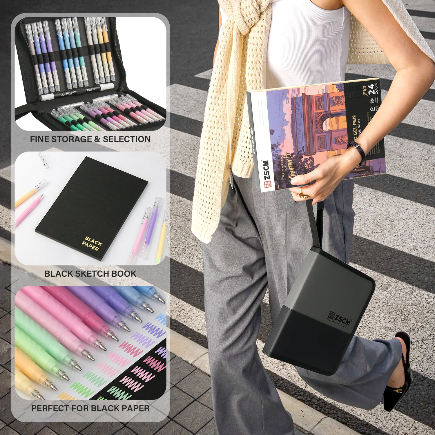 ZSCM Black Paper Sketchbook & 24 Colors Acrylic Gel Pens for Drawing, 1mm Fine Point Dull Acrylic Ink Pen for Black Paper, Sketching, Illustration