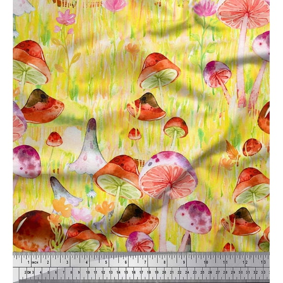 Soimoi Georgette Viscose Fabric Leaves,Floral & Mushroom Vegetable Print Fabric by the Yard 42 Inch Wide