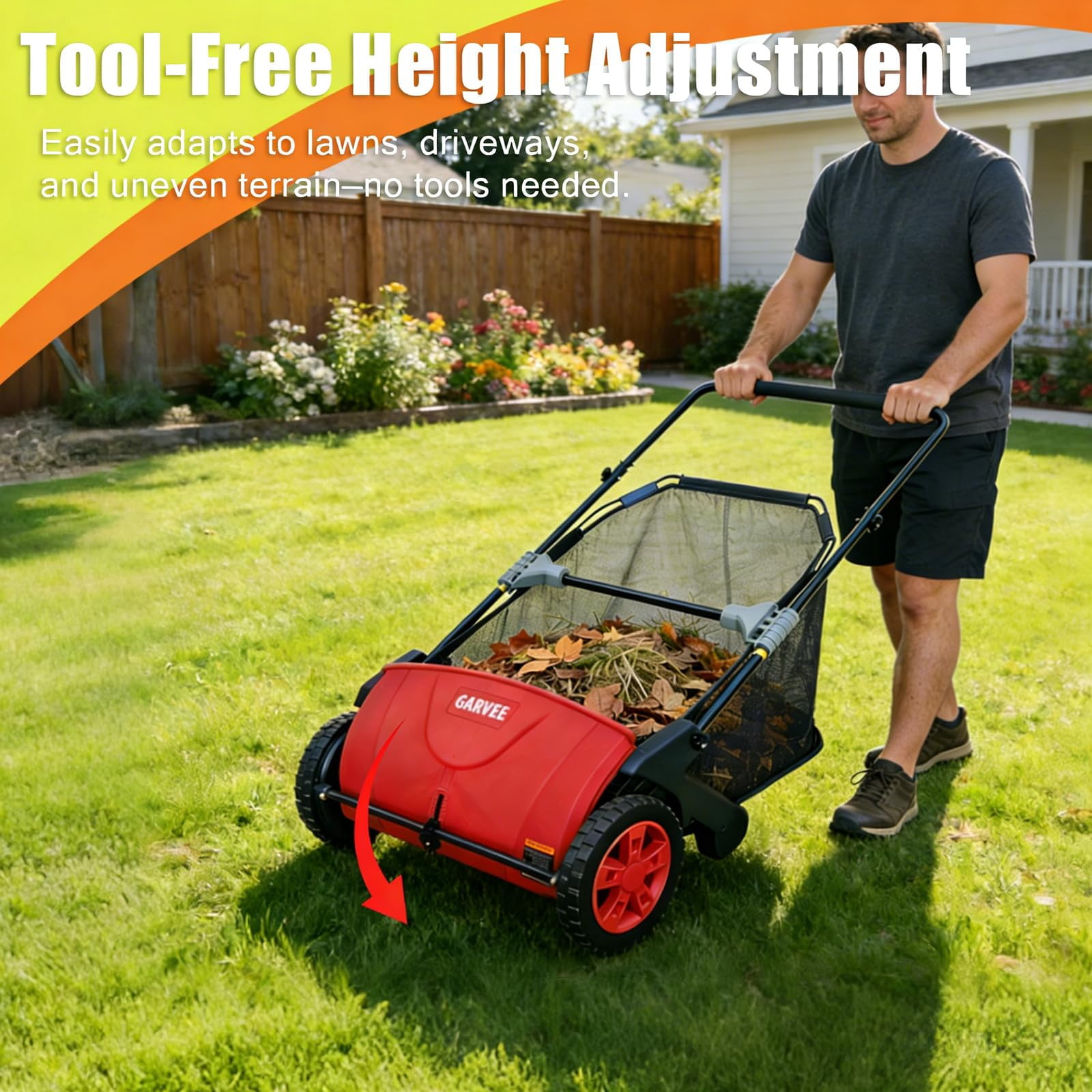 Manual Push Lawn Sweeper, 21-Inch Leaf & Grass Collector – 3.5 Cu. Ft. Collector Bag – Height-Adjustable Brushes – Collapsible for Yard & Driveway Cleanup – Red