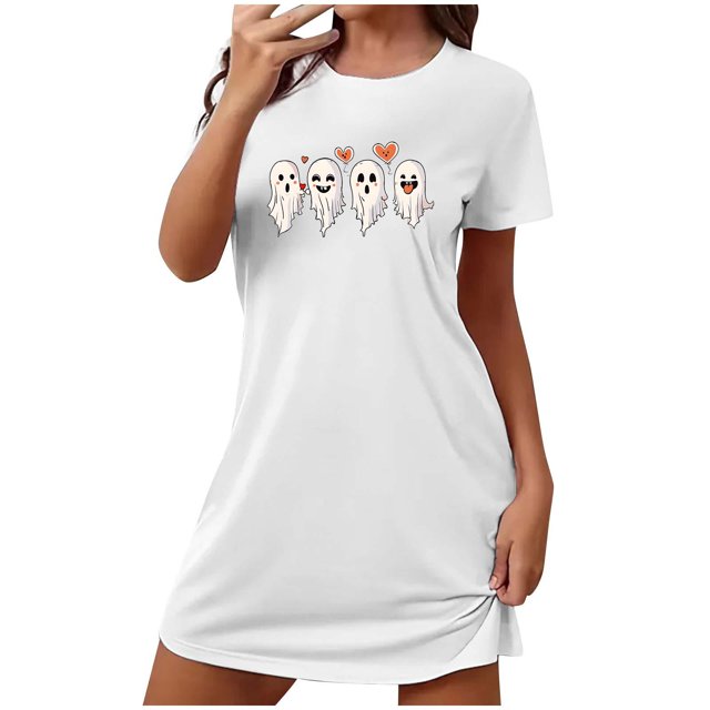 Tnhcen Robe de Nuit Halloween Grande Taille Incluse Imprimé Dessin Animé Manches Courtes Col Rond Polyester Spandex Extensible P-2TG pour Chaque Femme