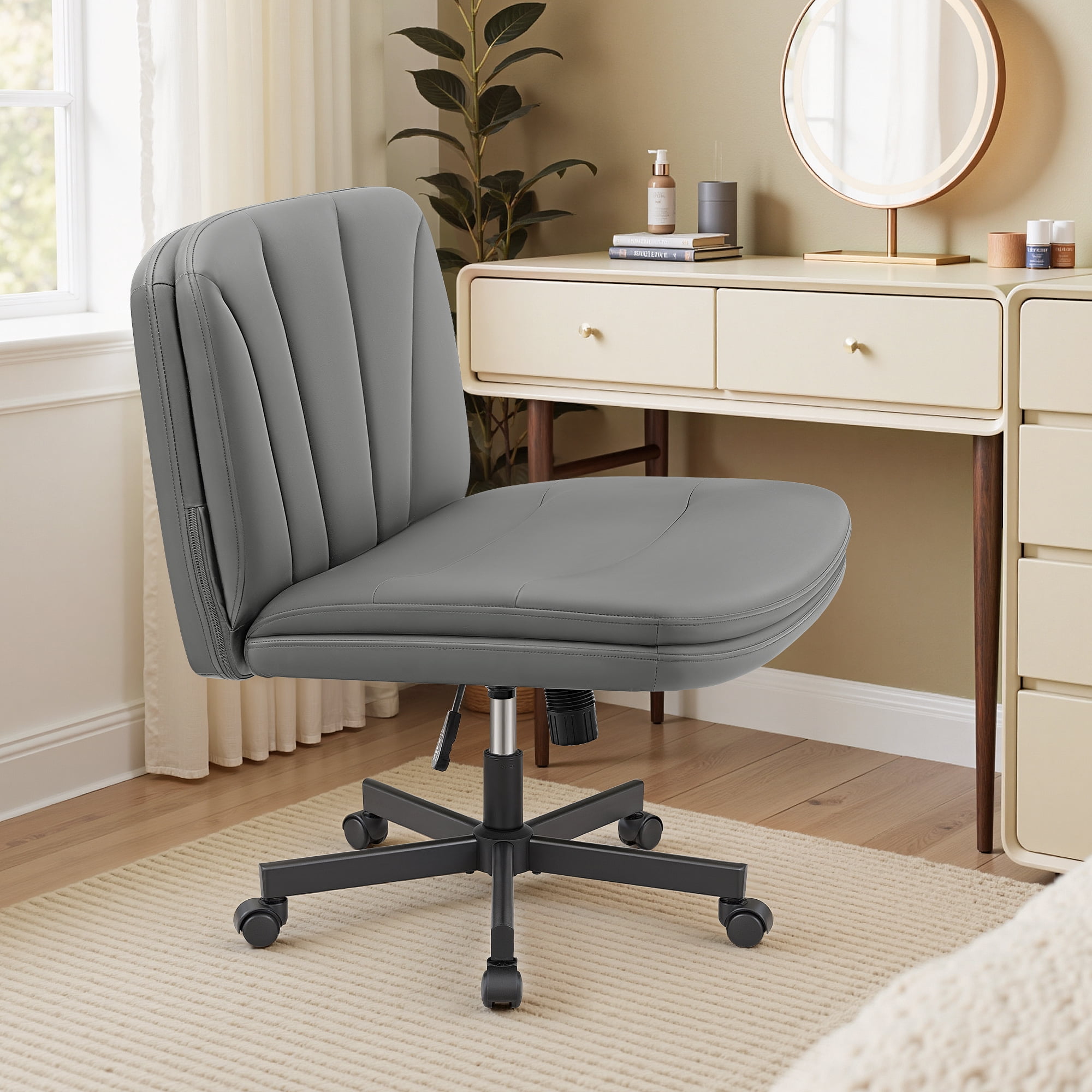 COOLHUT Cross Legged Office Chair with Wheels Armless-Office Desk Chair, Modern Vanity Computer Task Chairs for Home Bedroom, Comfortable Wide Seat for Lower Back Pain Relief, PU Leather, Gray