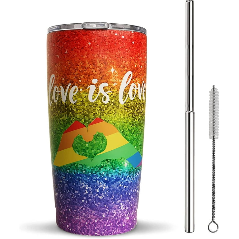 Rainbow Tumblers with Lids and Straws, Double Wall Stainless Steel Tumbler  with Straw, Reusable Spill Proof