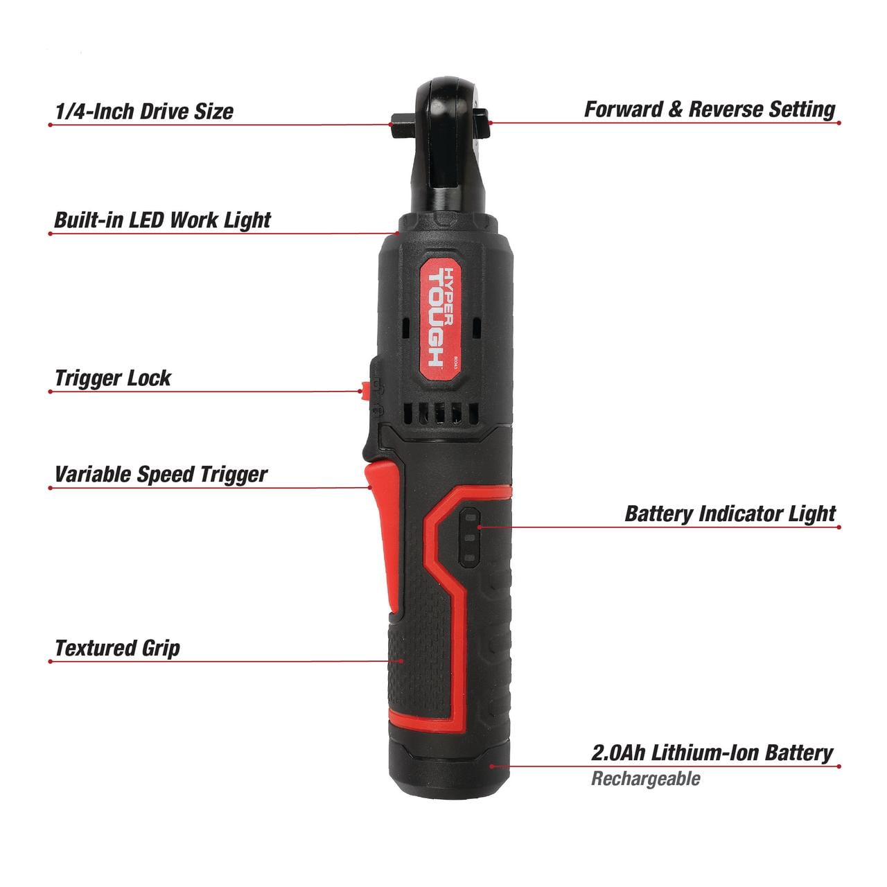 Hyper Tough 4V Cordless Ratchet with 2.0Ah Lithium-Ion Battery, 1/4-in Drive
