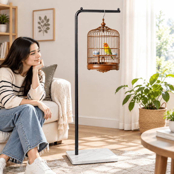 59" Tall Metal Bird Cage Stand with Wide Base for Small to Large Round Hanging Cages
