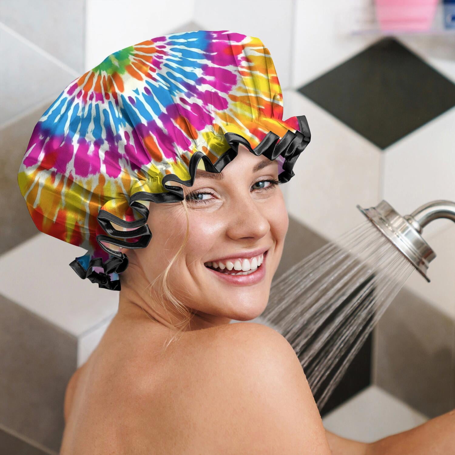 Shower Caps,Colorful Rainbow Tie Dye Spiral Pattern Waterproof Shower Cap for Women 4 Pieces,Double Reusable Hair Cover for Shower PEVA Elastic Stretch Hem
