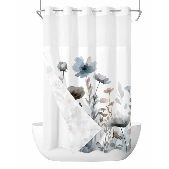 No Hook Shower Curtain with Snap in Liner Watercolor Flowers Shower Curtain -Fabric Waterproof Inner Liner, Leaves Shower Curtains Washable 36"x78"