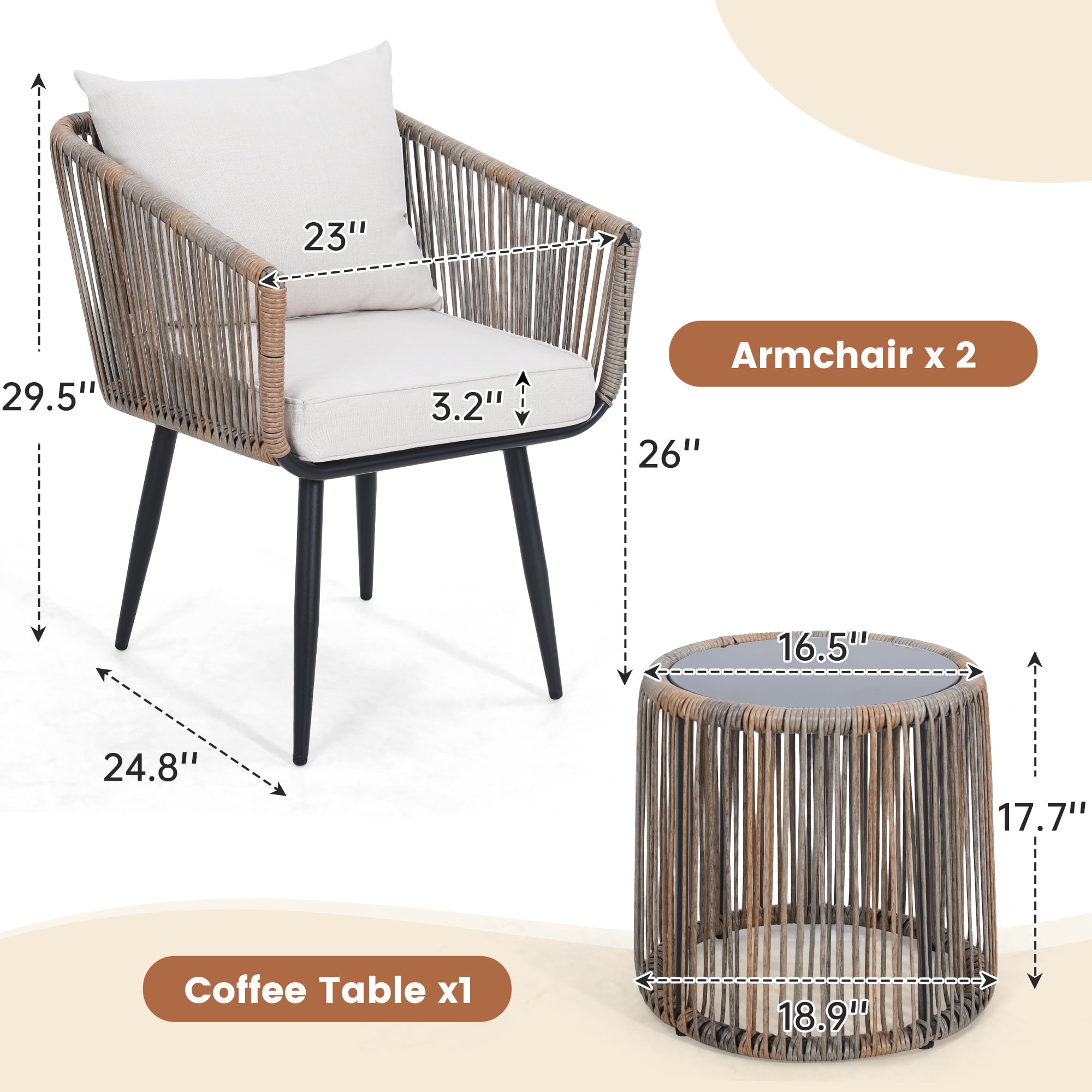 LOGYAT 3 Piece Patio Rattan Bistro Conversation Set, Outdoor All Weather Wicker Furniture Chair Set with Glass Tabletop for Balcony, Porch and Backyard, Beige