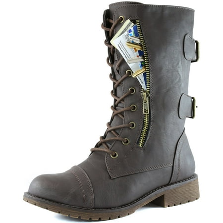 DailyShoes - Women's Military Up Buckle Combat Boots Mid Knee High ...