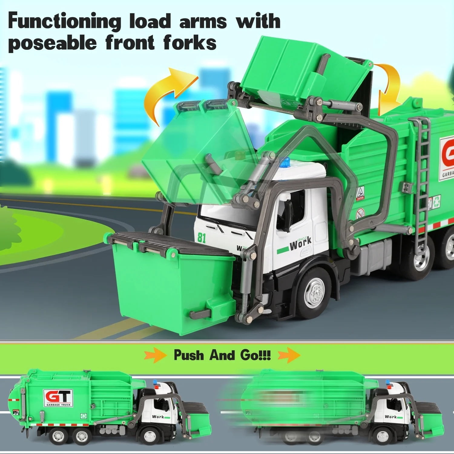 Freecat Garbage Truck Toys for Kids Boys, Play Vehicle Trash Truck Toys with Dumpster and Trash Bins, Christmas Birthday Gift for Boys 3 4 5 6 8 Years Old.