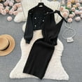 thumbnail image 2 of JHLZHS Ensemble Robe Portefeuille pour Femmes Mode Robe Tricotée Ensemble Deux Pièces Haut à Enfiler et Robe Bodycon Ensemble 2 Pcs Robe Midi Jumper Robe Tricotée Ensemble Robe Noire Commode Combinaisons pour Femmes Habillées, 2 of 5
