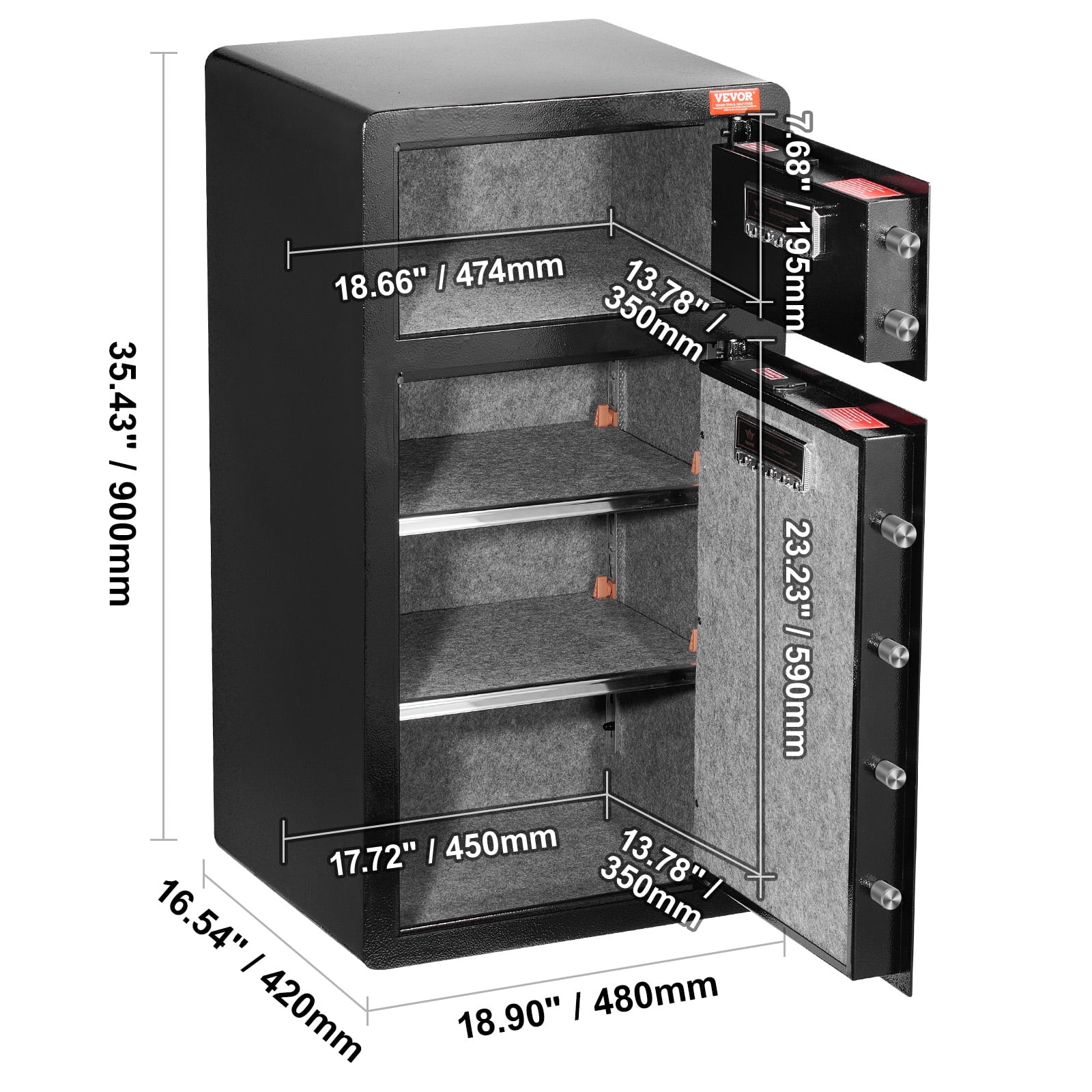 VEVOR Double Doors 7.2 cu.ft Safe Box with Key Lock & Password,Safe Lock Box with Fireproof Bag,Key Rack,LED Light and 2 Height Adjustable and Removable Divider for Money,Jewelry and Valuables,Black
