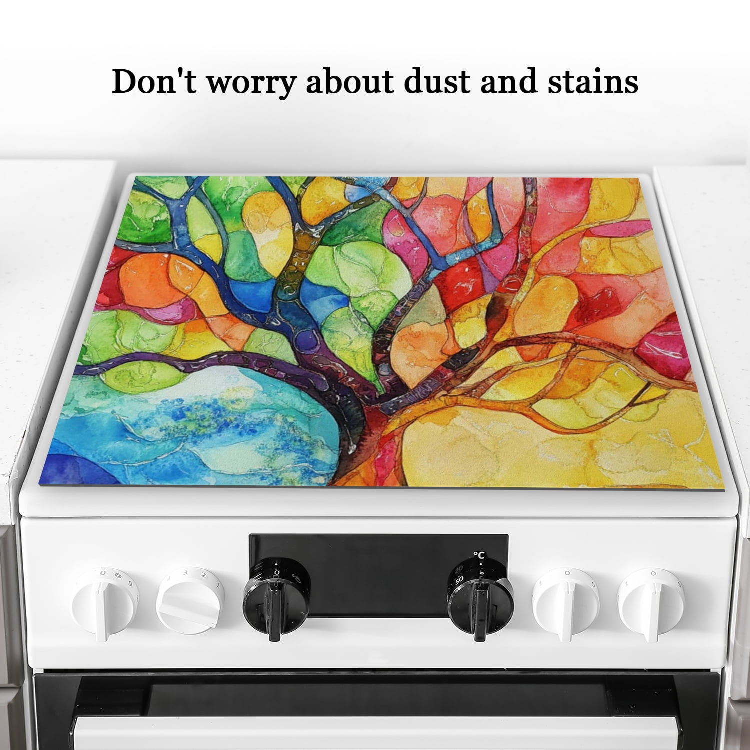 Stove Top Cover, Retro Life Tree Colorful Heat Resistant Kitchen Counter Protector for Glass Electric Stove, Square Washable Foldable Mat for Kitchen RV (28×20 Inch)