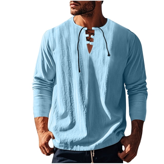 zbxnLI Mens Linen Shirts Drawstring V Neck Long Sleeve Shirt Lightweight Spring Fall Long Sleeve T-Shirts