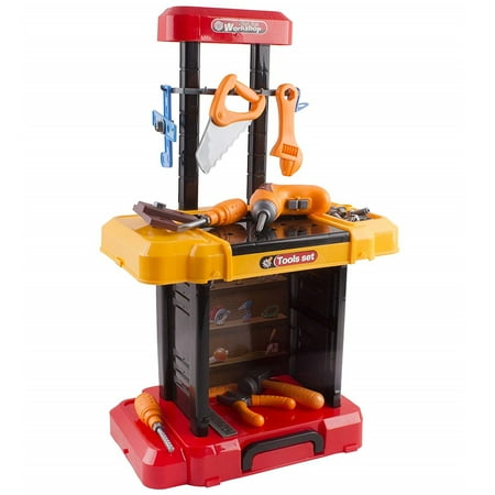 40 Piece Toy Tool Set Construction Kit With Portable Work Bench Workshop Realistic Tools Including Electric Drill Hammer Wrench Screwdrivers Screws Perfect For Children's Educational STEM Pretend Play