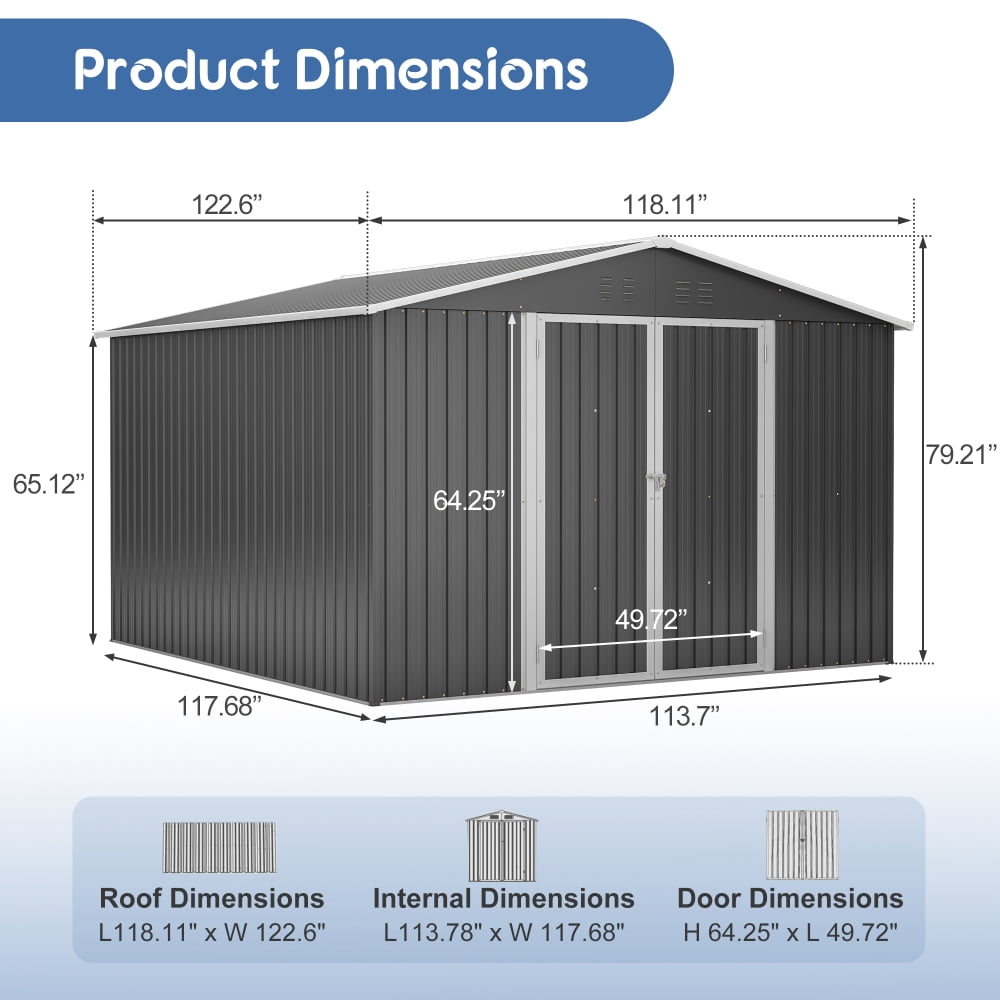 10x10 FT Heavy Duty Metal Shed, Large Outdoor Storage with Double Locking Doors, Updated All-Weather Black Utility Shed for Garden Tools