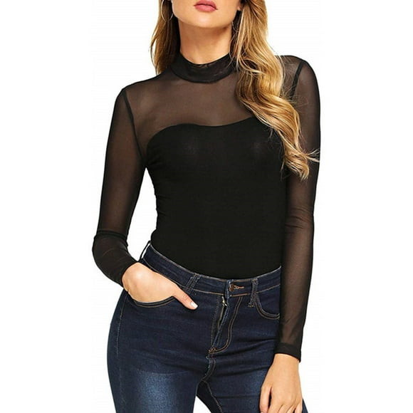 Fortune Women Mesh Sheer Bodysuit Long Sleeve Leotard Tops Slim Jumpsuit