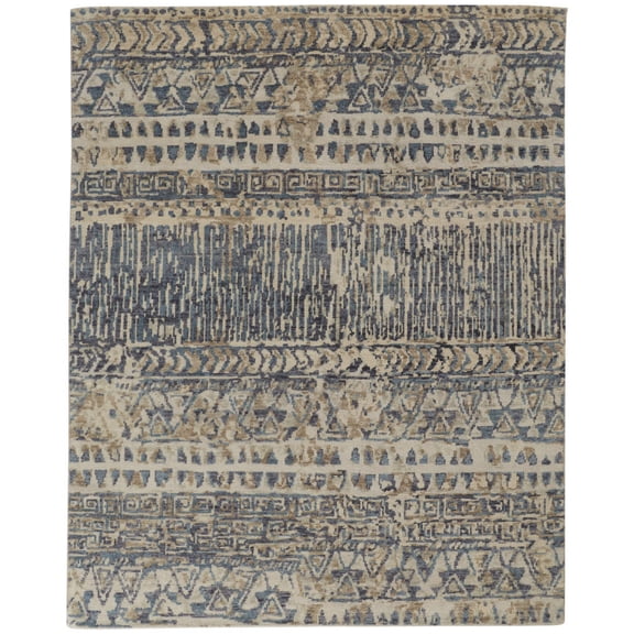 2' X 3' Ivory and Blue Wool Geometric Hand Knotted Area Rug