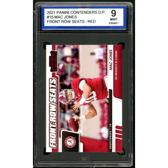 Collectible Mac Jones Rookie Card 2021 Panini Contenders D.P. Front Row Red #15 ISA 9 MINT
