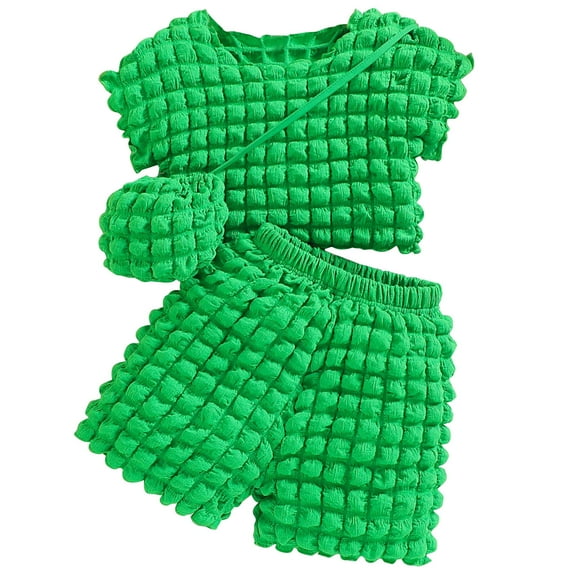 Girl's Two Piece Summer Outfits with Crossbody Mini Bag, Short Sleeve Crop Top and Shorts Set 3-10Y (9 Years, Green)