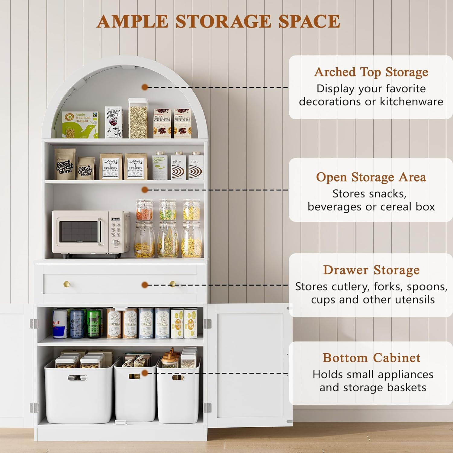Pipleo 71" Tall Arched Kitchen Pantry Cabinet, Modern Kitchen Storage Cabinets with Hidden Drawer and Spacious Countertop, Wooden Storage Pantry Cabinet for Living Room, Dining Room