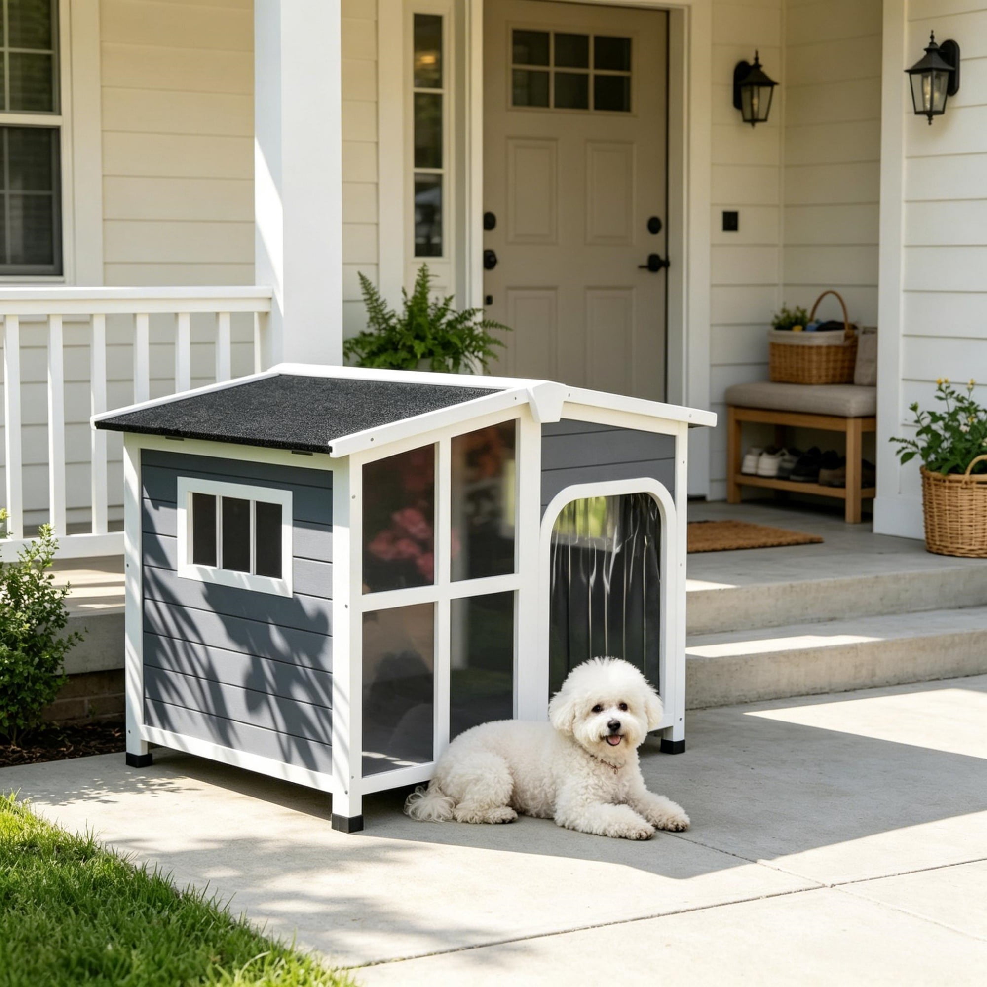 Large Dog House Cabin-Style Wooden Pet Shelter with Openable Roof And Giant Window, Gray