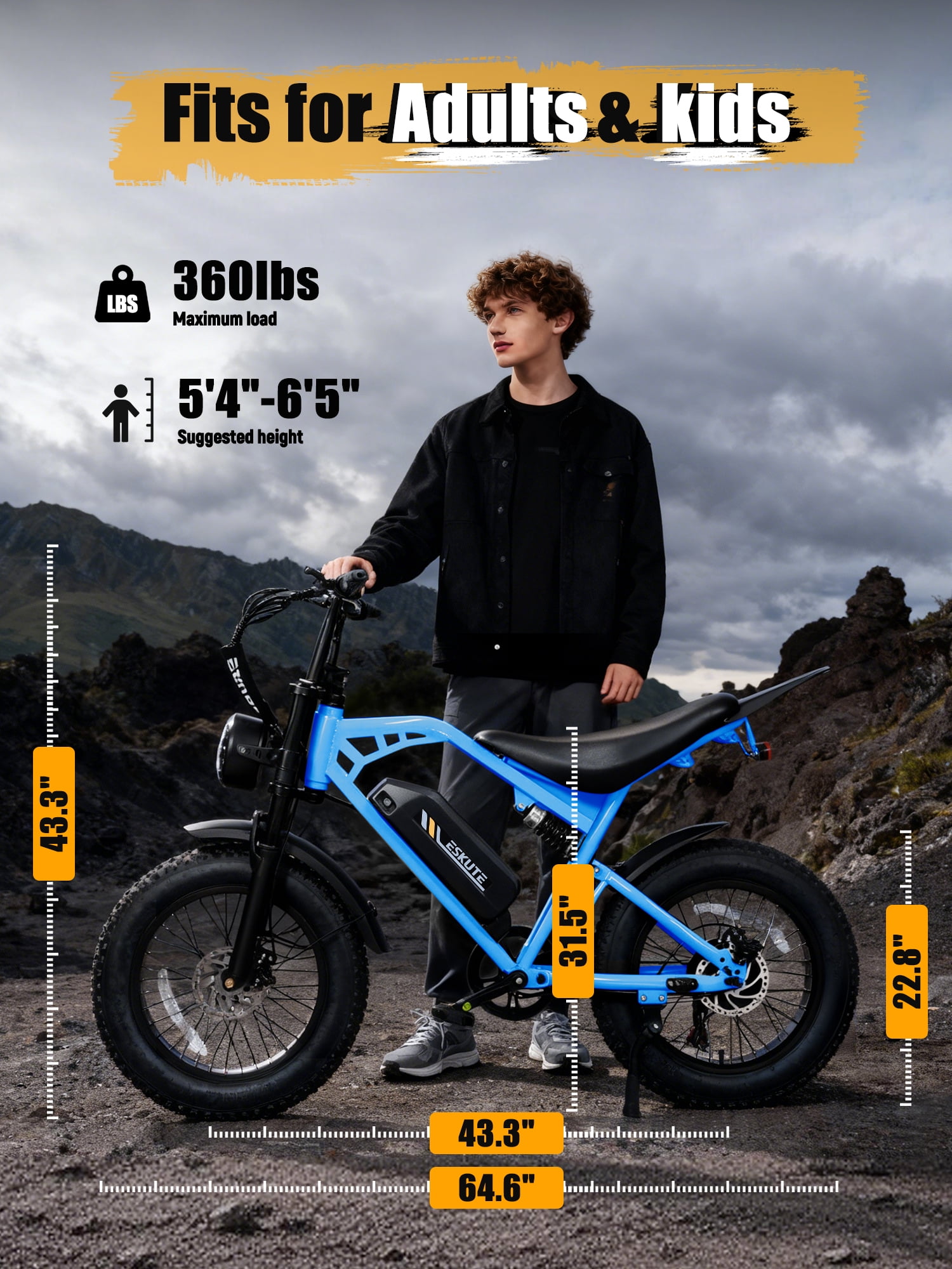 ESKUTE Electric Bike for Adults, 29MPH Dirt E-Bike, 48V 20.8Ah Battery, 20"x4.0" Fat Tires, 80-Mile Range, NFC Unlock, 7-Speed, Dual Suspension, Blue with Rear Rack & Footrests