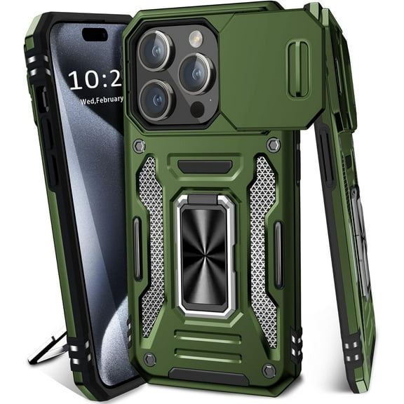 for iPhone 15 Pro Case with Slide Camera Cover iPhone 15 Pro Phone Case with Magnetic Kickstand Ring, Military Grade Shockproof Protective Case for iPhone 15 Pro (Olive Green)