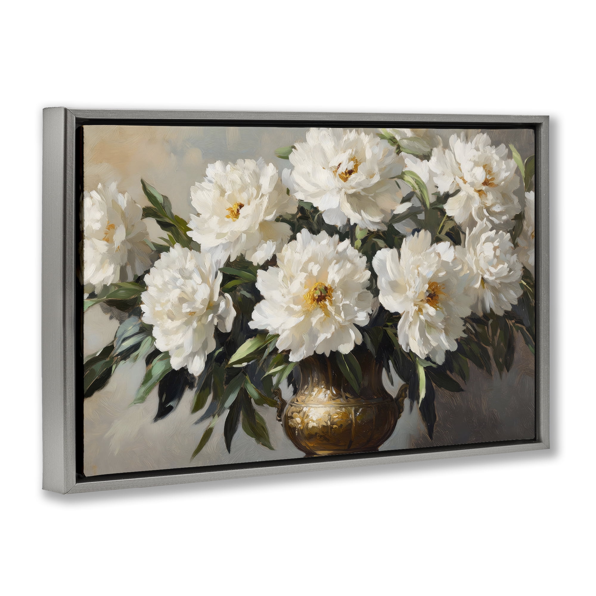Stupell Industries Golden Vase with Peonies Gray Framed Floater Canvas Wall Art, design by Petal Prints Design