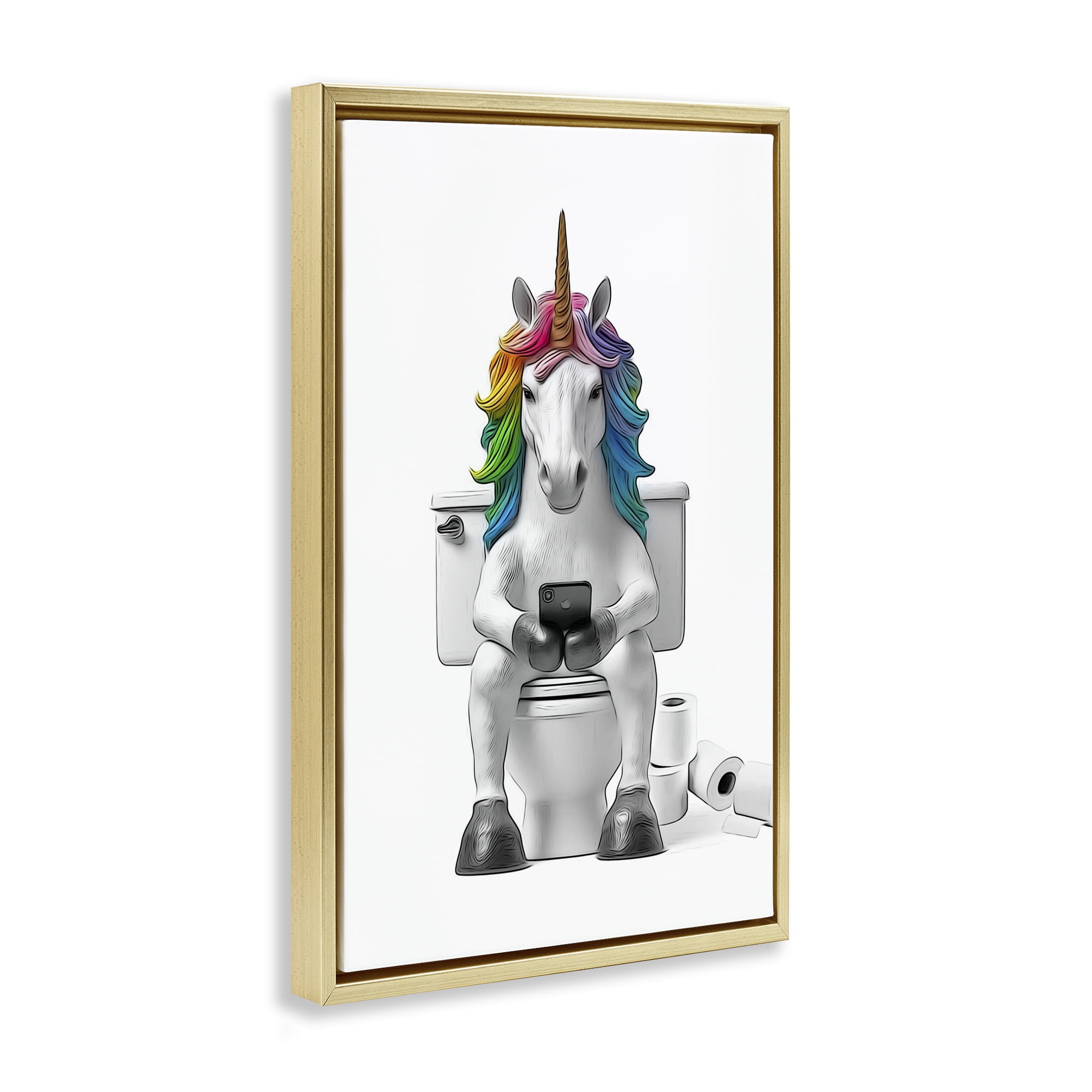 Stupell Industries Unicorn Texting on Toilet Typography Painting Gold Floater Framed Canvas Art Print Wall Art, 17 x 25