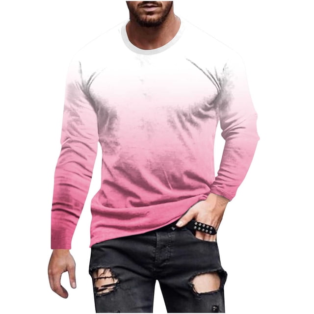 Dagugfen Tops for Men Plus Size Long Sleeve Crewneck Slim Gradient Color Comfy Casual Tee Tops