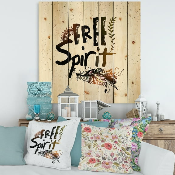Designart 'Free Spirit Ethnic Feather' Bohemian & Eclectic Print on Natural Pine Wood
