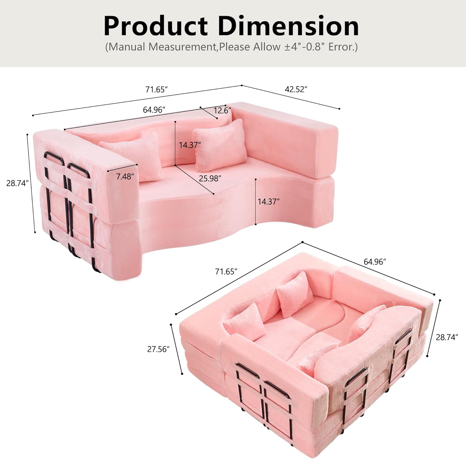 LUCKHAO Modern Foam Teddy Fabric Convertible and Oversized Sleeper Sofa Bed Loveseat, Pink
