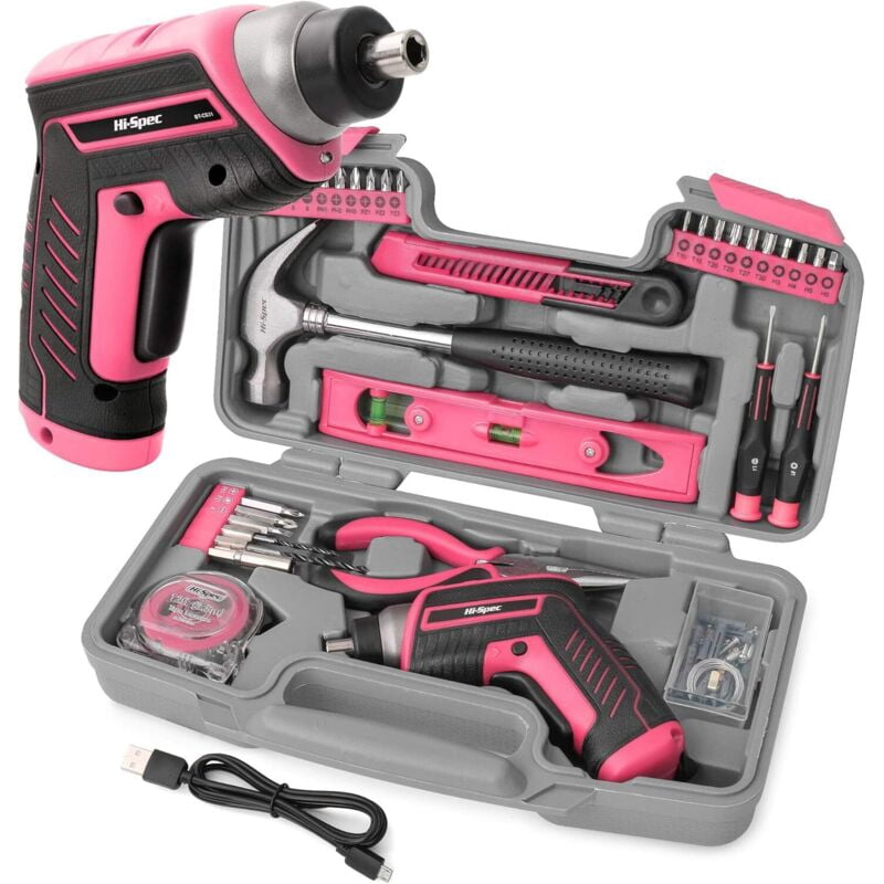 4V Electric Screwdriver Pink - Multifunction Cordless Drill Driver with Complete Tool Kit and Accessories - Storage Case with Hammer, Pliers, Drill Bit, Screwdriver and Bits