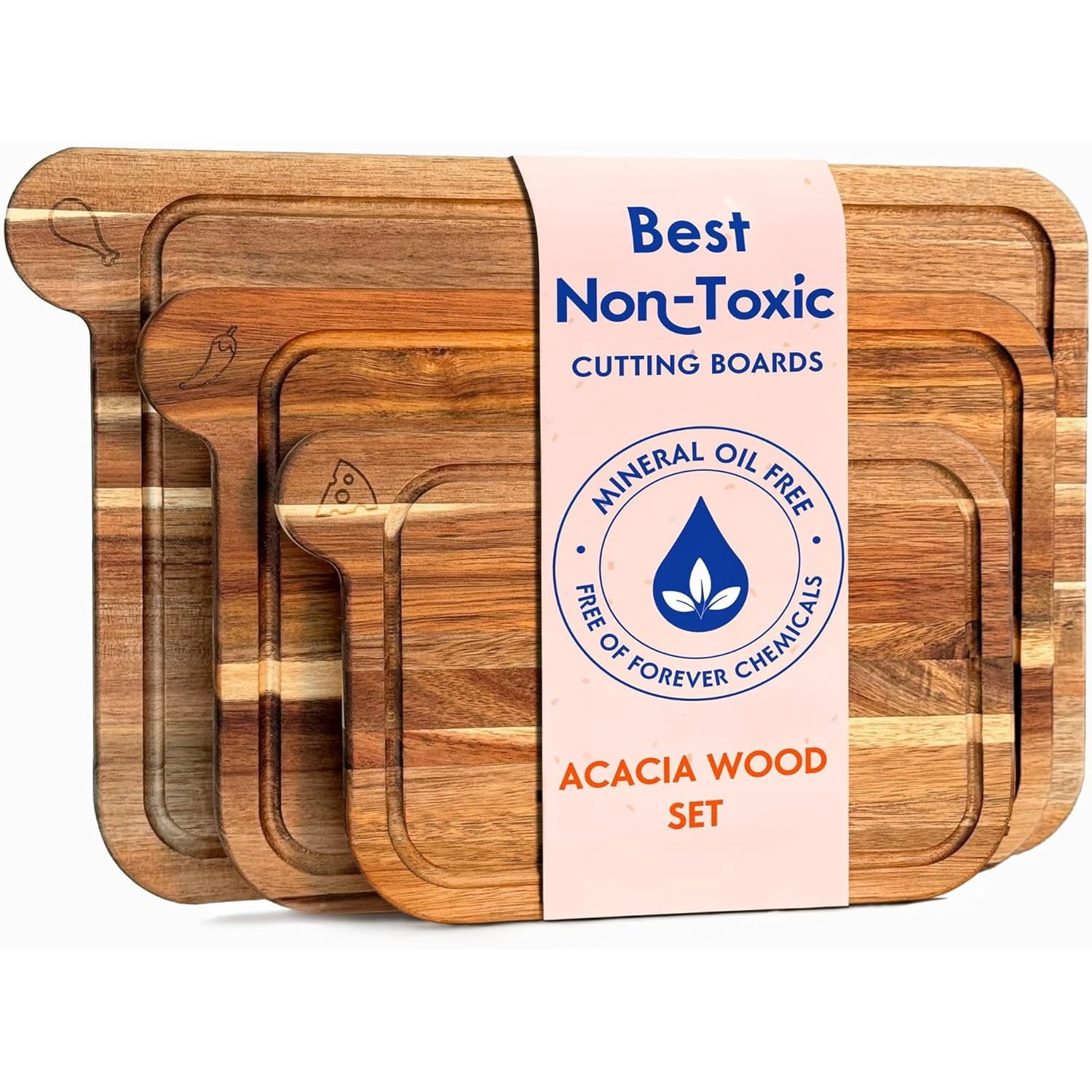 Non Toxic Cutting Boards - Cutting Board Set Free of Mineral Oil, Made of FSC Acacia Wood - Cutting Boards for Kitchen - Includes 3 Chopping Boards