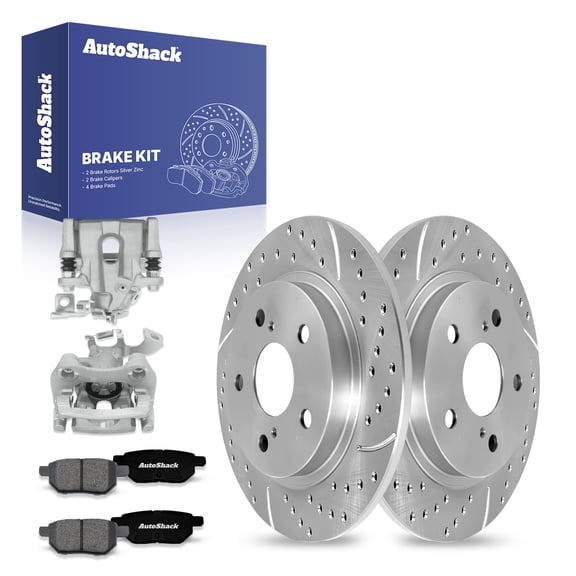 AutoShack Rear Drilled & Slotted Brake Rotors Premium Ceramic Brake Pads Calipers | Replacement for 2008-2015 Scion xB 2.4L FWD | Silver Zinc Coated | 8-PC Brake Kit | SilverShield Pro
