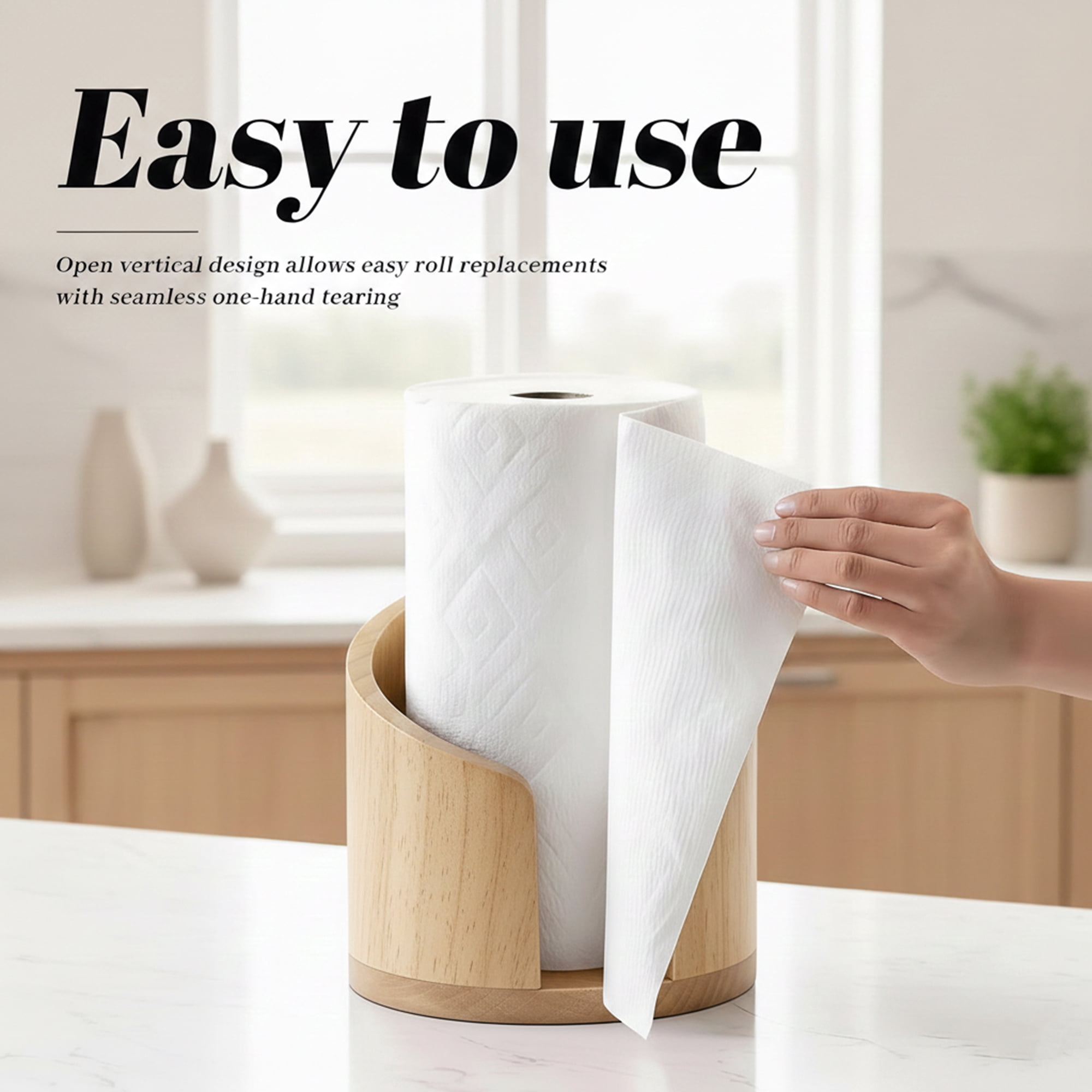 Standing Pine Wood Paper Towel Holder, 11.5" Countertop Dispenser Fits Jumbo Rolls, Modern Semi-Enclosed Design for One-Handed Tear, Brown/Natural/Black