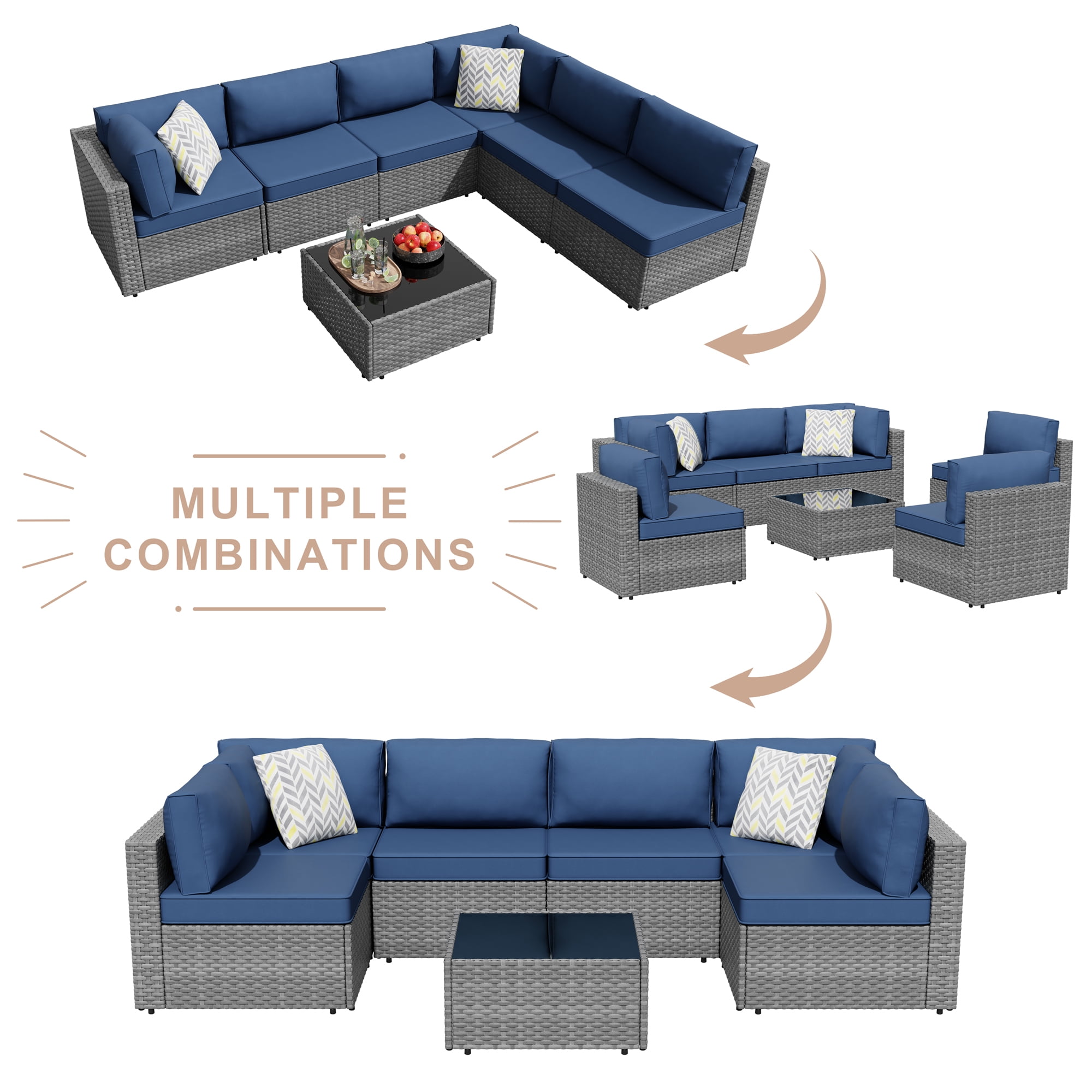 Walsunny 7 Pieces Patio Conversation Set, All-Weather Rattan Wicker Patio Furniture Sets with 6 Chairs and 1 Coffee Table, Washable Couch Cushions,Sliver Rattan Navy Blue Cushions