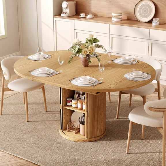 47-63 Inch Natural Extendable Dining Table for 4-6 People, Farmhouse Kitchen Table with 2-Tier Storage Shelf and Sliding Door Cabinet