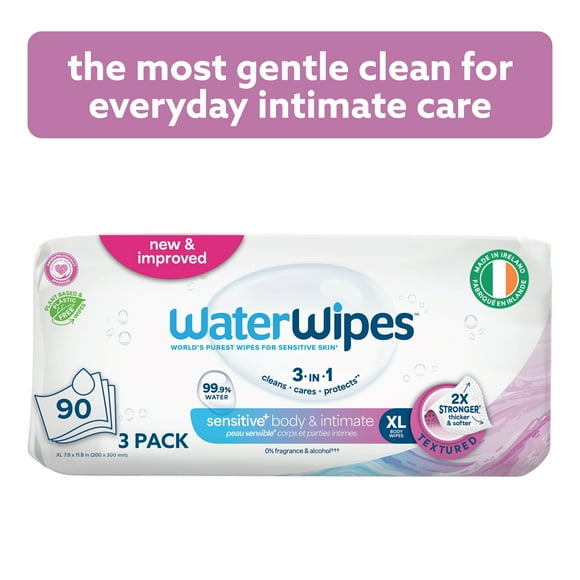 WaterWipes Sensitive+ Body & Intimate Wipes, 3-en-1 nettoie, soigne, protège, 99,9 % d'eau, lingettes humides non parfumées, Adult Care