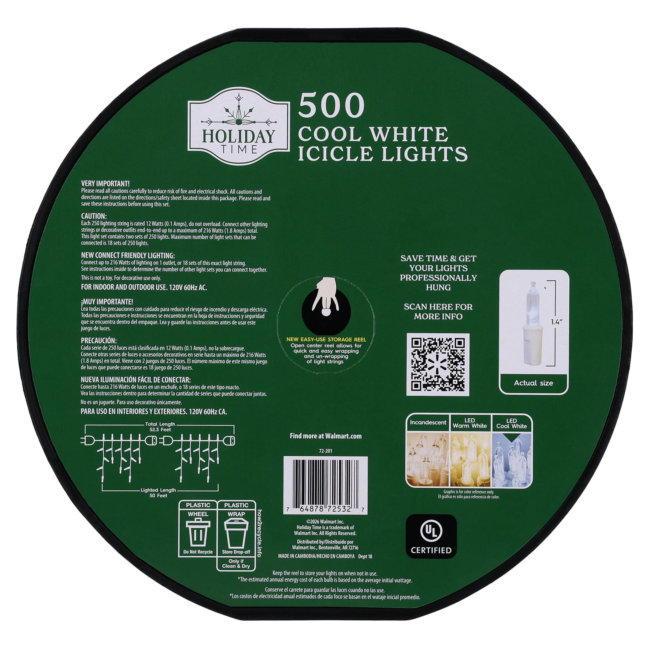 Indoor/Outdoor 500-Count LED Christmas Icicle Lights, Cool White, White Wire, 50', by Holiday Time