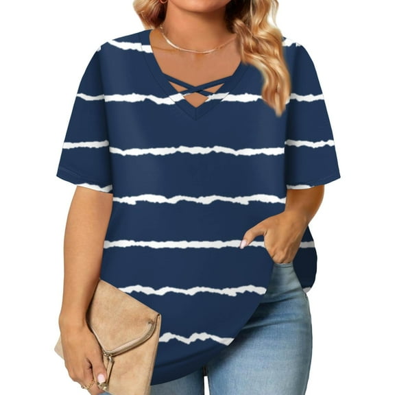 TQWQT Womens Tops Plus Size 4x-5x Trendy V Neck Criss Cross Tshirts Striped Color Block T-Shirt Short Sleeve Tunics Shirts Loose Casual Blouses 2XL