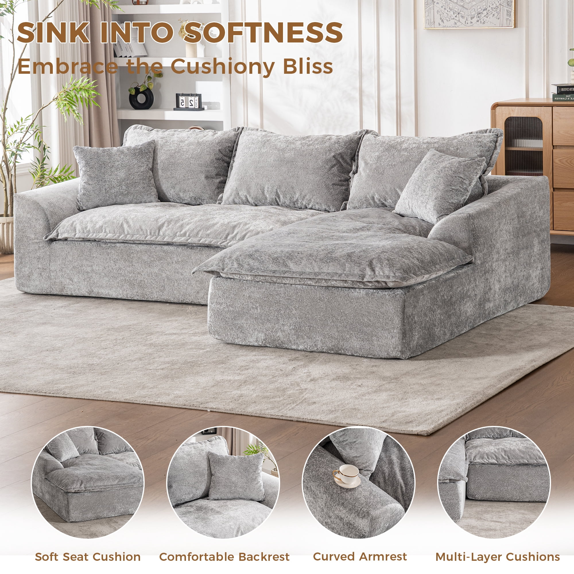 LEHZROAJ 103" Chenille Compressed Sofa,L Shaped Sectional Couch Pillows No Assembly Required for Living Room(Gray,Right)