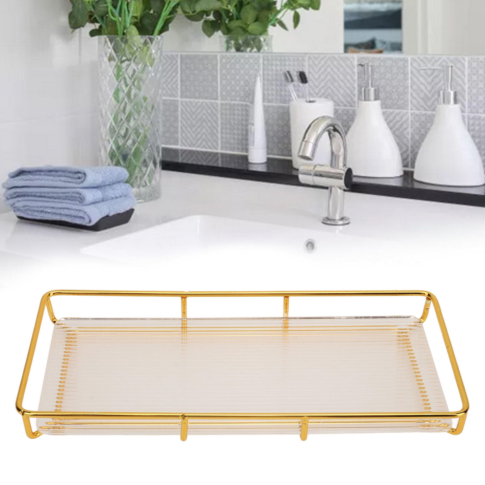 BIMZUC Stainless Steel & Acrylic Bathroom Countertop Tray – Modern Minimalist, Space‑Saving Vanity Organizer, 12.6"x7.1"x1.57"– Gold Finish