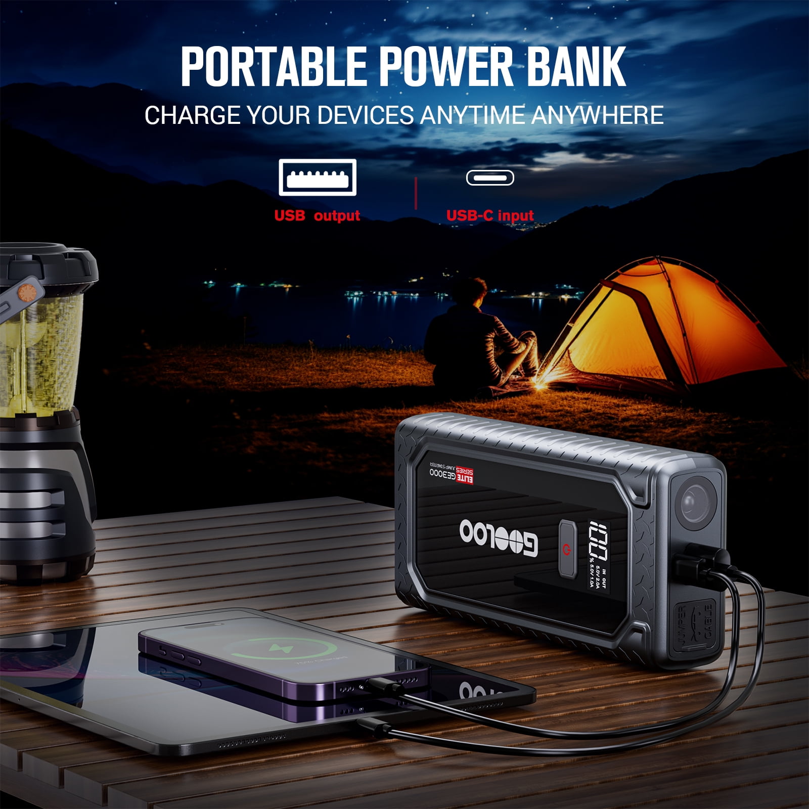 GOOLOO GE3000 Car Jump Starter, 3000A Portable Jump Starter for Car Battery, 12V Lithium Battery Booster (Up to 8.5L Gas/6.0L Diesel), SuperSafe Smart Charging Port & LED Light