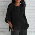 thumbnail image 2 of Dazajoo 3/4 Sleeve Solid Color Tops for Women Cottn Linen Button Down Crew Neck Shirts 2024 Womens Trendy Sild Slit Summer Tees,Black,S, 2 of 6