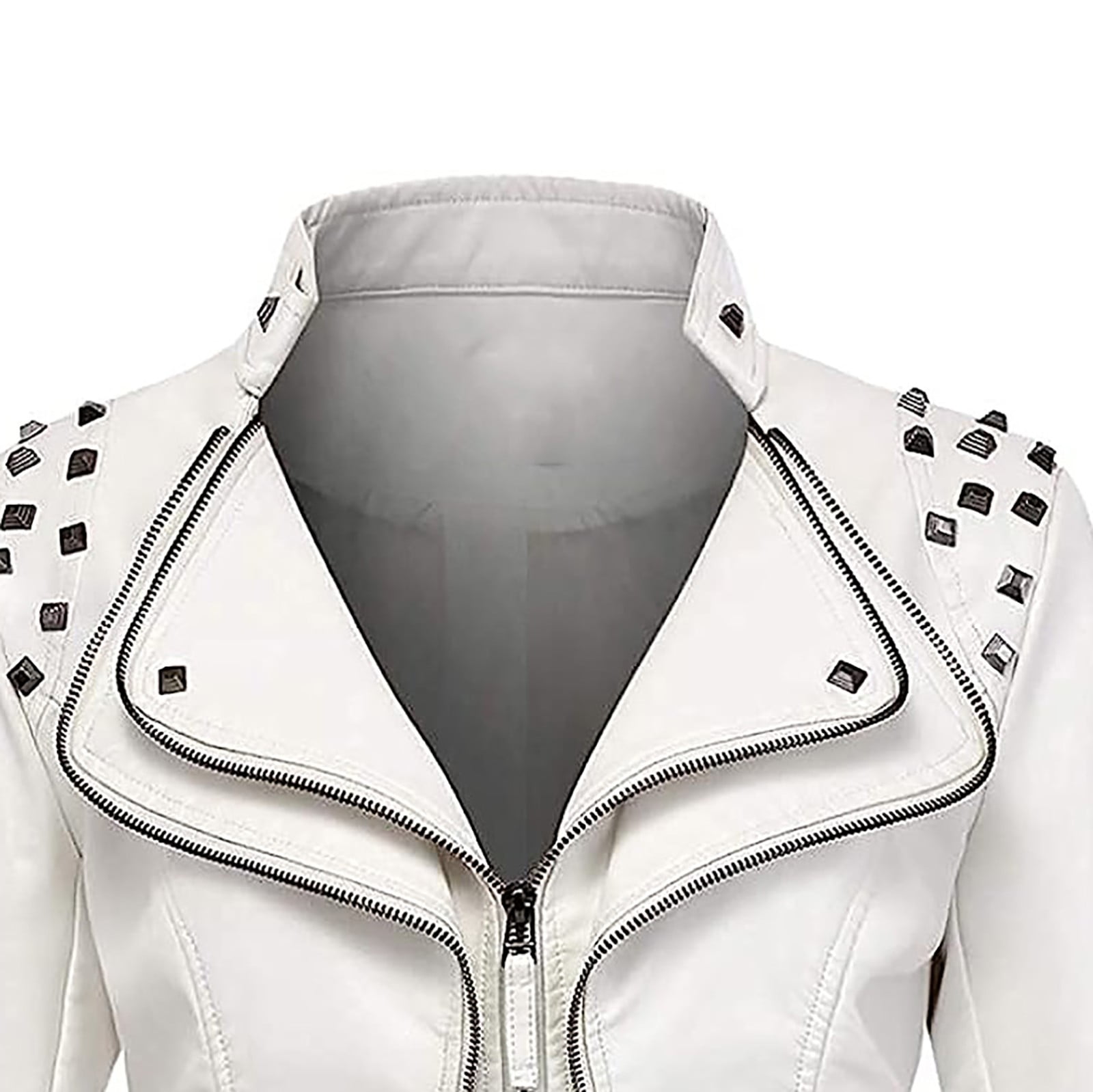 Feancey Womens Faux Leather Biker Jacket Slim Fit Fashion Studded Moto Coats Full Zip Lightweight Windbreaker Outerwear with Pockets White XXL
