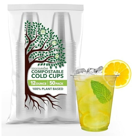 Stock Your Home 12 oz Clear Compostable Cold Cups (50 Pack) Plant Based Biodegradable No Plastic Eco Party Cup, Environmentally Friendly Recyclable Disposable Sustainable for Water