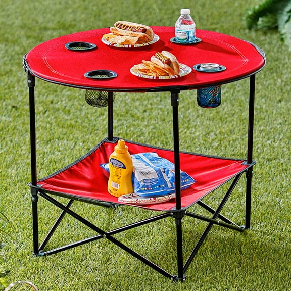 Folding Picnic Table with Shelf Portable Drink Holders Storage Sports Tote Bag (Red)