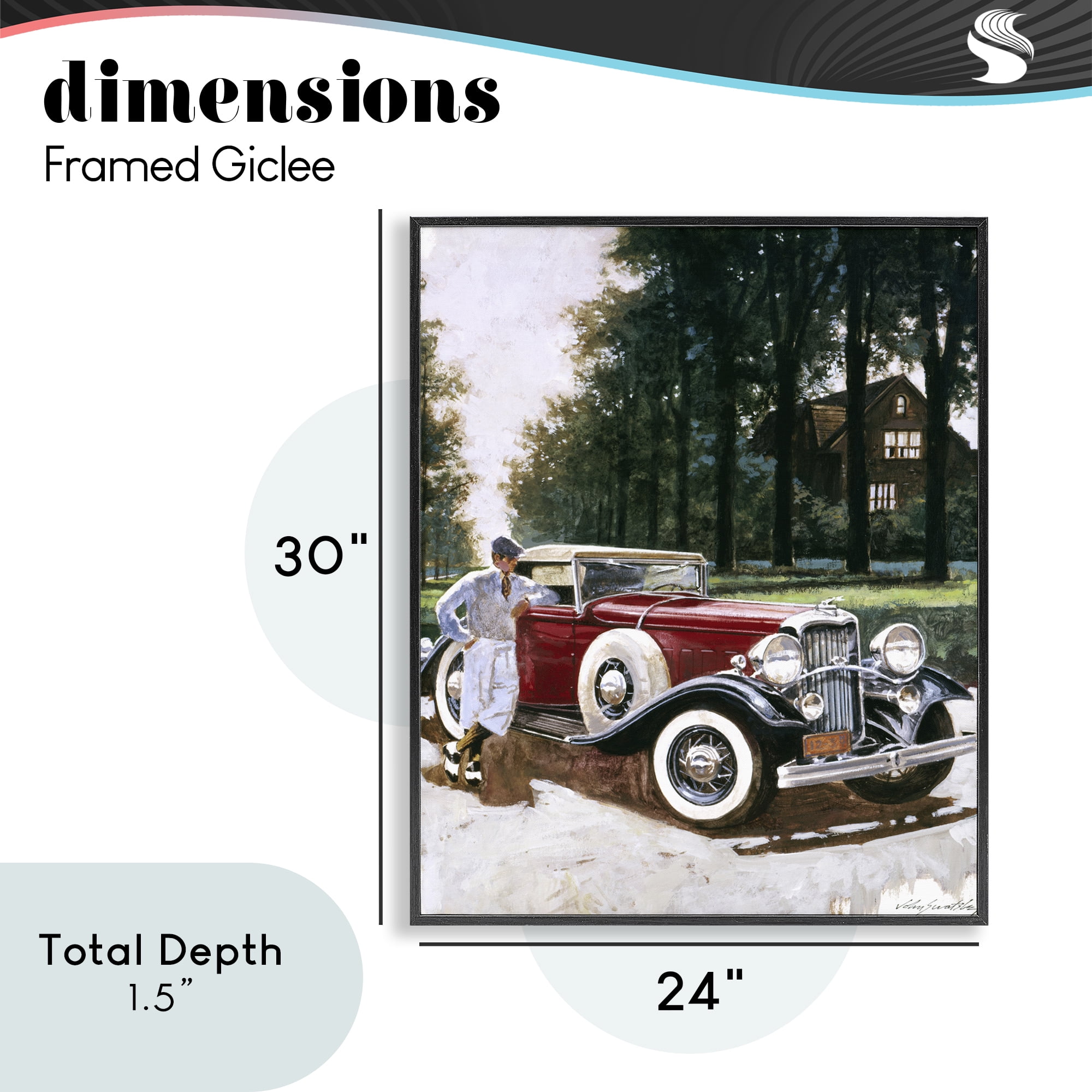 Retro Convertible Coupe & Driver Black Framed Giclee Art, design by Wind River Studios